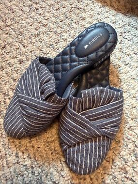 Birdies Navy and White Striped Quilted-Insole Mules